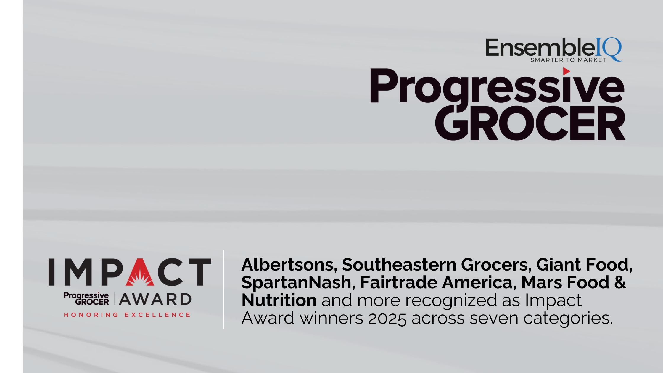 Progressive Grocer 2025 Impact Award Winners Graphic featuring ESG categories like Sustainability and Community Impact