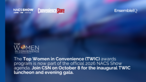 Top Women in Convenience (TWIC) logo alongside the 2026 NACS Show logo, announcing official event partnership